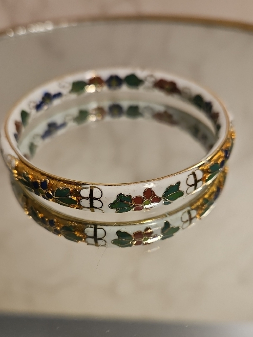Vintage WHITE Cloisonee Bracelet. Hand Painted Inside And Out